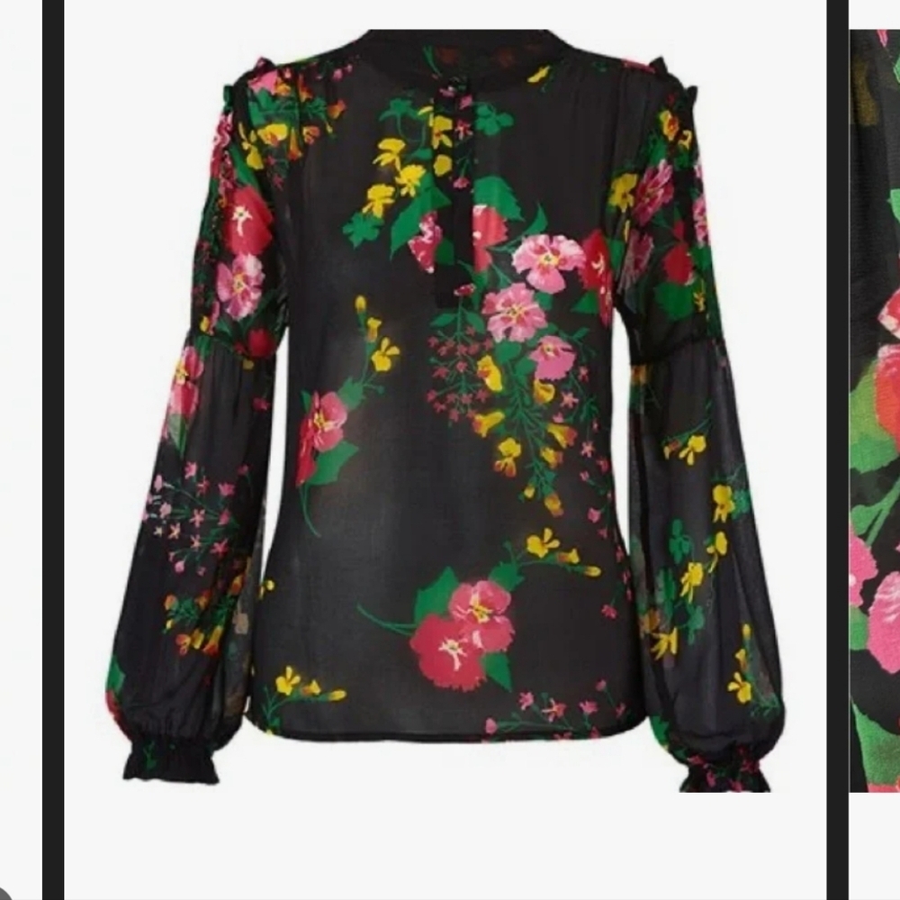 Cabi Thespian Blouse Sheer Black Floral Print Poet-Sleeve Button Neck Small